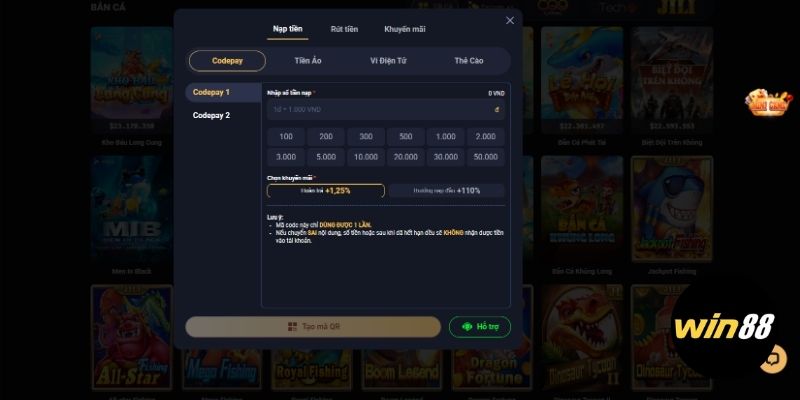 Nạp tiền Win88 bằng codepay
