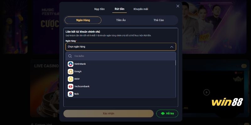 Rút tiền Win88 về ngân hàng